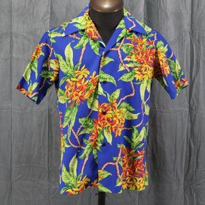 Vintage Hawaiian Shirt - Blue with Cluster Flower Pattern Sears Hawaii - Mens M